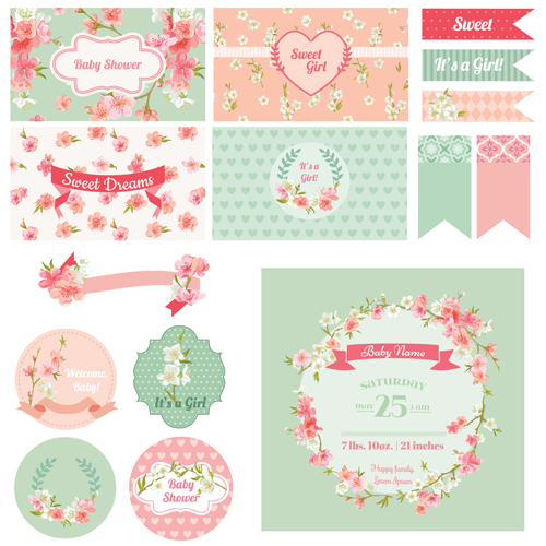 Wedding cards with ornaments material kit vector 02
