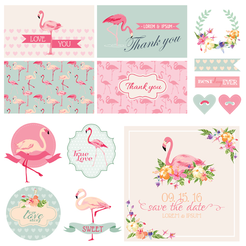 Wedding cards with ornaments material kit vector 03