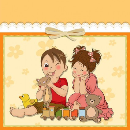 Cute cartoon style children card design vector 03