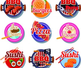 BBq pizza with ice cream and sushi burgers vector labels