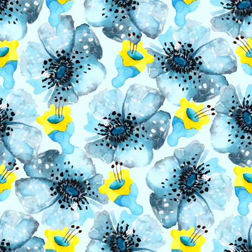 Blue watercolor flowers pattern seamless vector