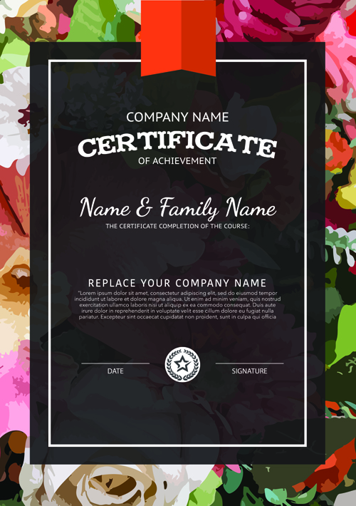 Certificate template with flower background vector material 01