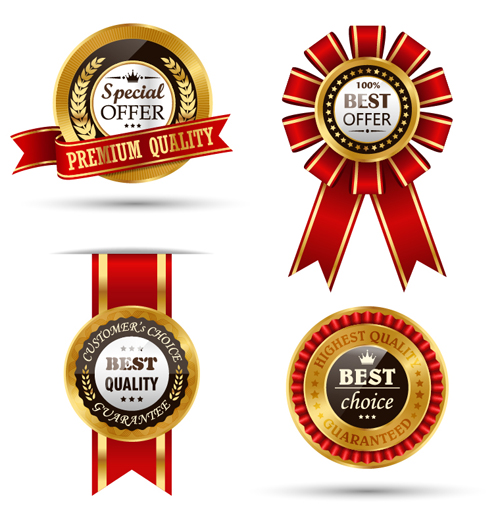 Golden Quality labels with red ribbon vector