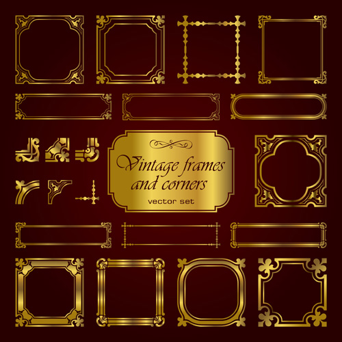 Golden vintage frames and corners set vector
