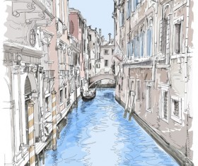 Hand drawn town with river vector 01