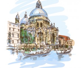 Hand drawn town with river vector 02