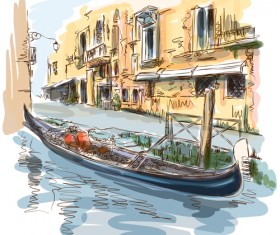 Hand drawn town with river vector 03