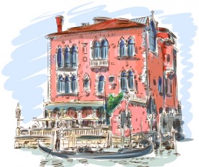 Hand drawn town with river vector 04