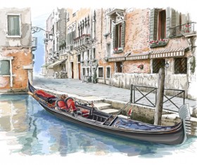 Hand drawn town with river vector 05