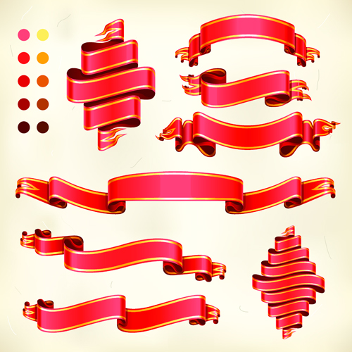 Red ribbon banners set vector 01