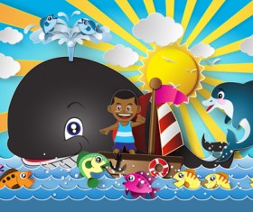 Sailing boat with marine cartoon vectors 03