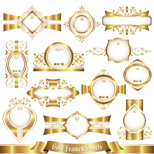Shiny gold framed labels ornament vector 02