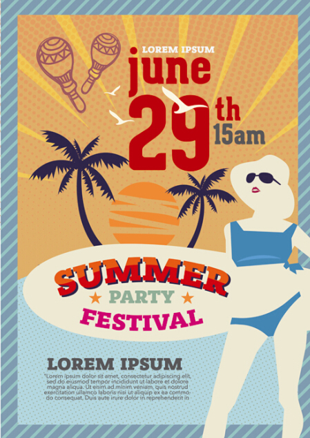 Summer beach party vintage poster vectors 03