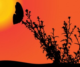 Sunset with butterfly silhouette vector material 02