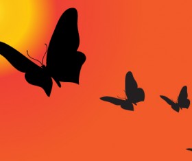Sunset with butterfly silhouette vector material 03