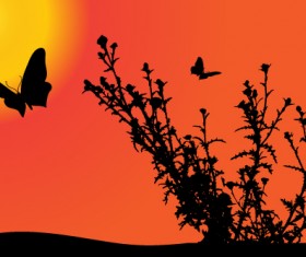 Sunset with butterfly silhouette vector material 05