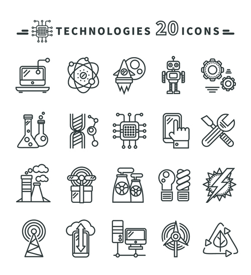 Technologies icons black outline vector