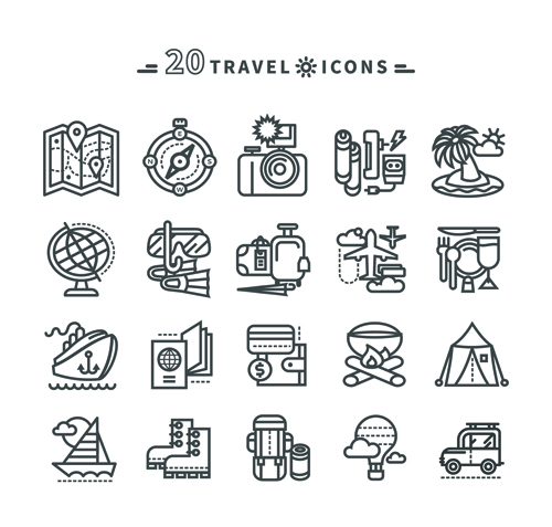 Travel icons black outline vector