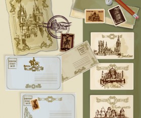 Travel postcard vintage styles vector set 01