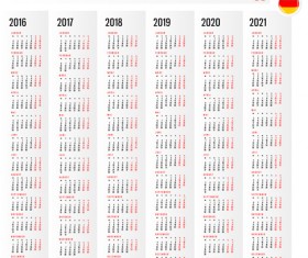 2016 2017 2018 2019 2020 2021 grid calendar design vector 01