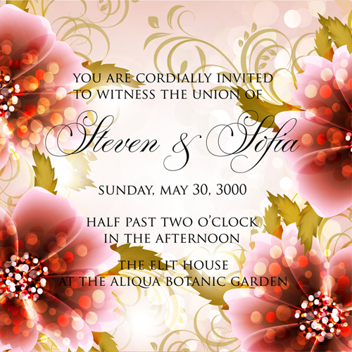 Beautiful flowers wedding Invitation Card vector set 01