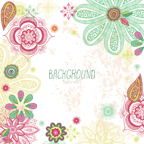 Cartoon flowers with grunge background vectors 01