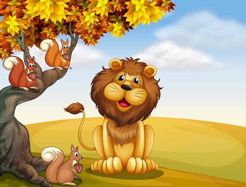 Cartoon lion with beautiful nature vector 01