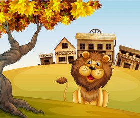Cartoon lion with beautiful nature vector 02
