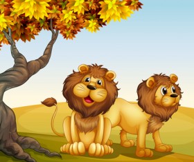 Cartoon lion with beautiful nature vector 03