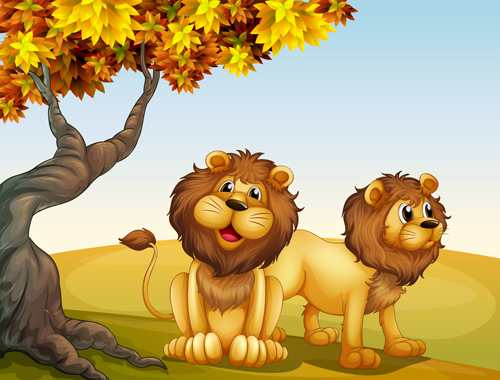Cartoon lion with beautiful nature vector 03