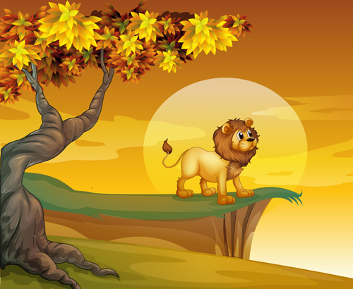 Cartoon lion with beautiful nature vector 04