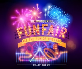 Colorful fireworks with funfair poster vector