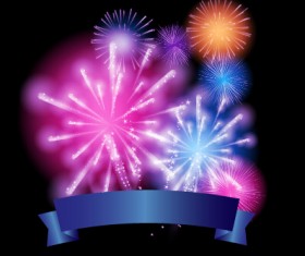 Colorful fireworks with ribbon vector background 01
