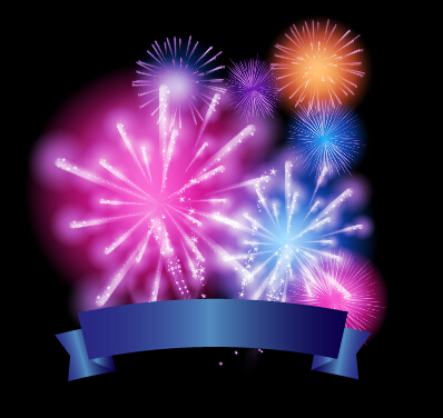 Colorful fireworks with ribbon vector background 01