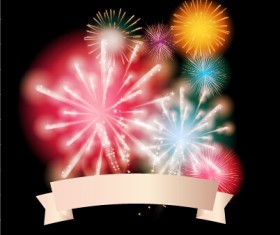 Colorful fireworks with ribbon vector background 02