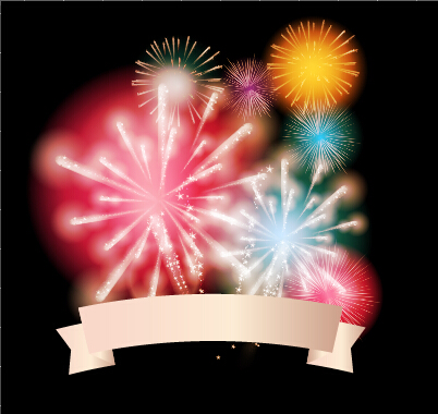 Colorful fireworks with ribbon vector background 02