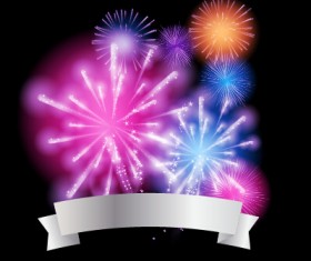 Colorful fireworks with ribbon vector background 03