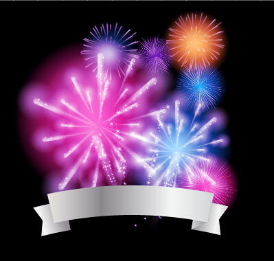 Colorful fireworks with ribbon vector background 03