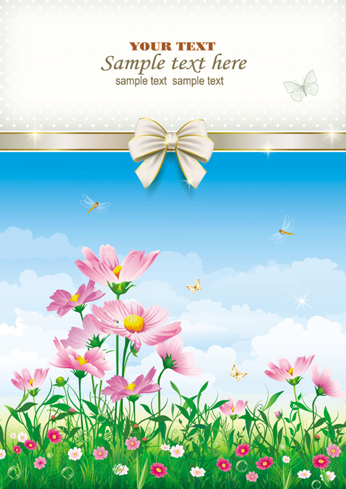 Elegant meadow with flowers art background vector 03