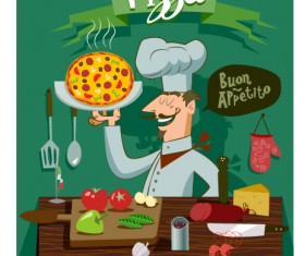 Funny chef with pizza vector material 03
