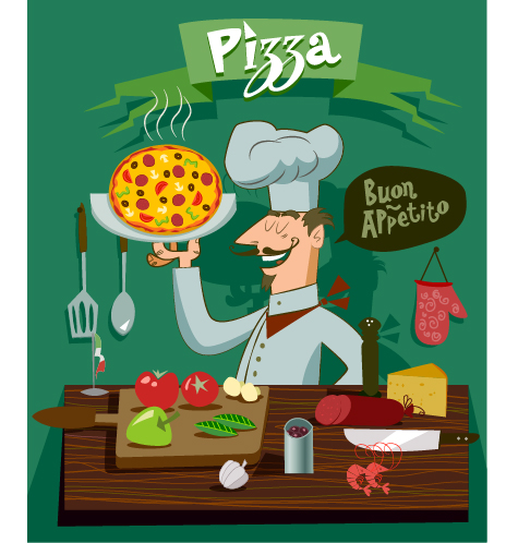 Funny chef with pizza vector material 03