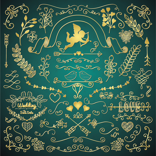 Golden Valentine Day decor elements vector 01