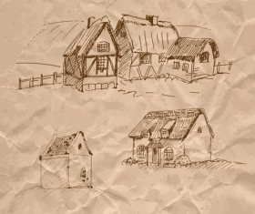 Hand drawn medieval buildings and crumpled paper vector 01