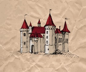Hand drawn medieval buildings and crumpled paper vector 02