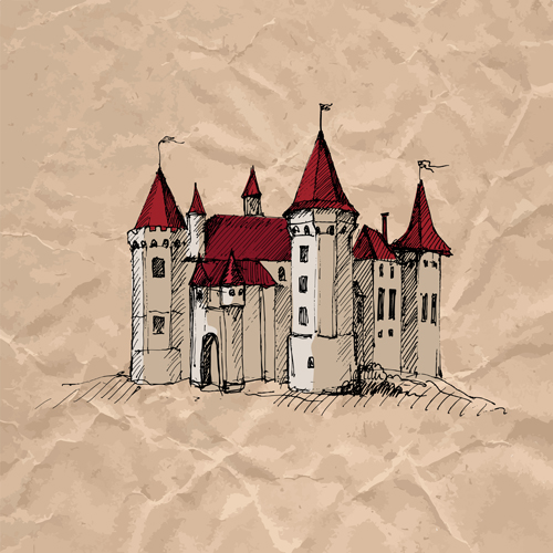 Hand drawn medieval buildings and crumpled paper vector 02