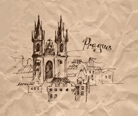 Hand drawn medieval buildings and crumpled paper vector 03