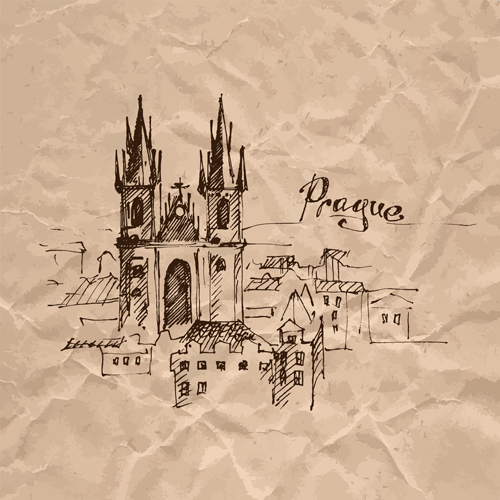 Hand drawn medieval buildings and crumpled paper vector 03