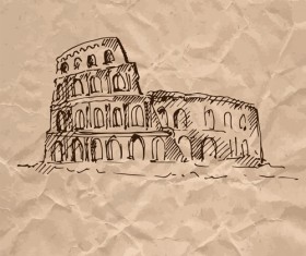 Hand drawn medieval buildings and crumpled paper vector 04