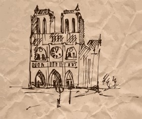 Hand drawn medieval buildings and crumpled paper vector 05