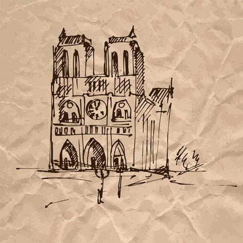 Hand drawn medieval buildings and crumpled paper vector 05